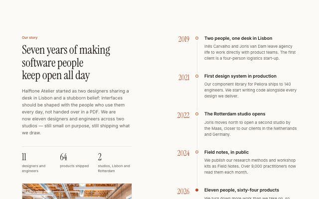 Company story with a milestone timeline