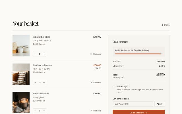 Basket page with an order summary