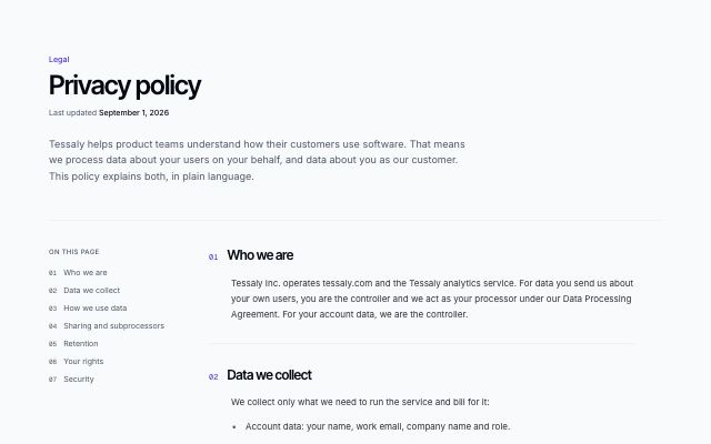 Legal page with table of contents