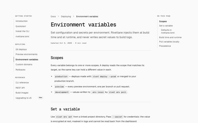 Docs page with nav tree and table of contents