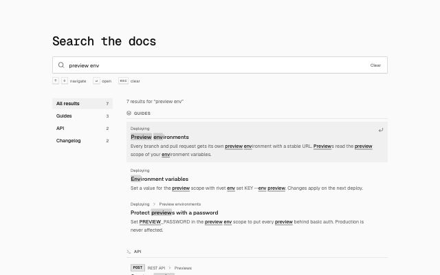 Docs search with grouped, highlighted results