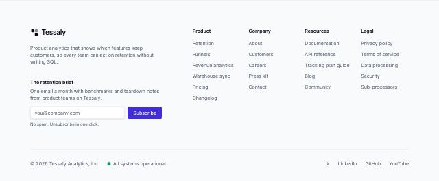 Footer with link columns and a newsletter