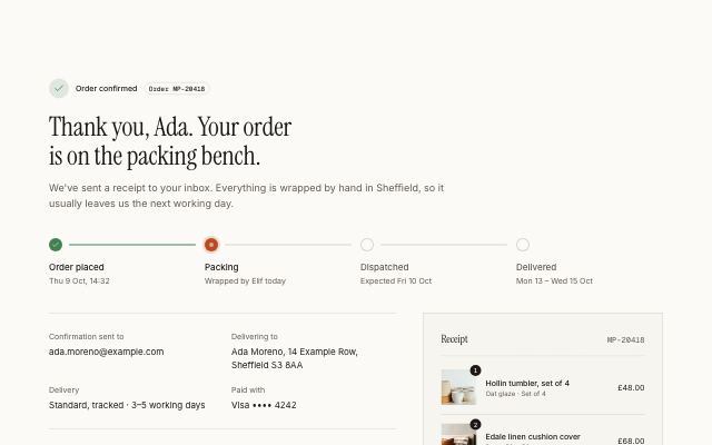 Order confirmation with progress and receipt