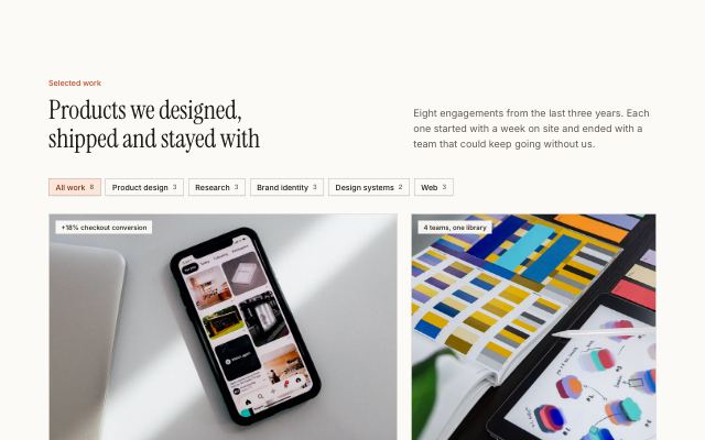 Selected work grid with discipline filters