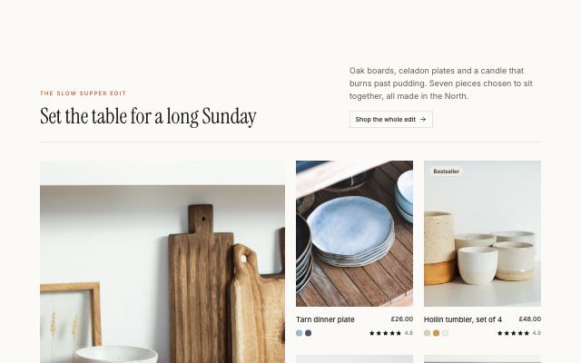 Editorial product mosaic with a story tile